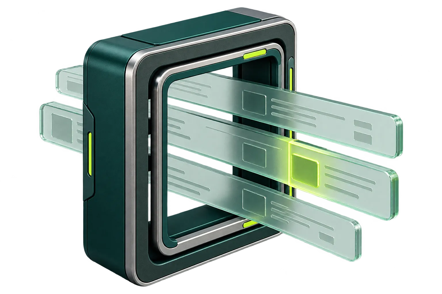 A precision teal scanner extracts a lime signal from mint search-result plates