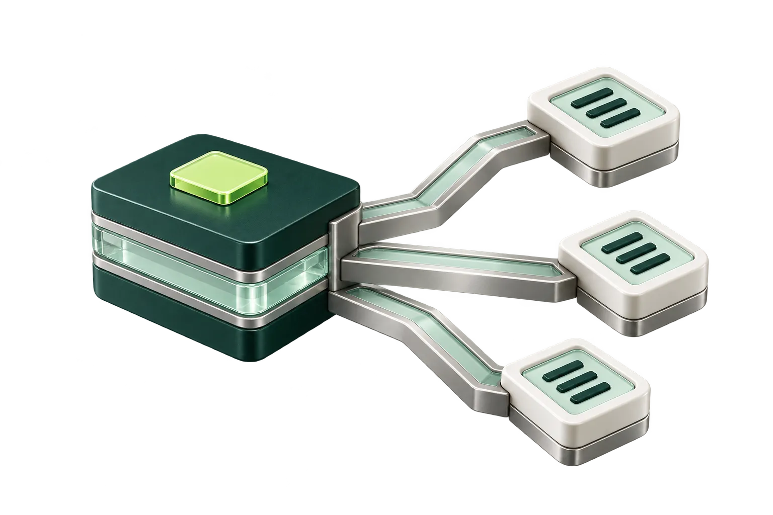 A layered teal product-data cartridge connects to three mint merchant tiles